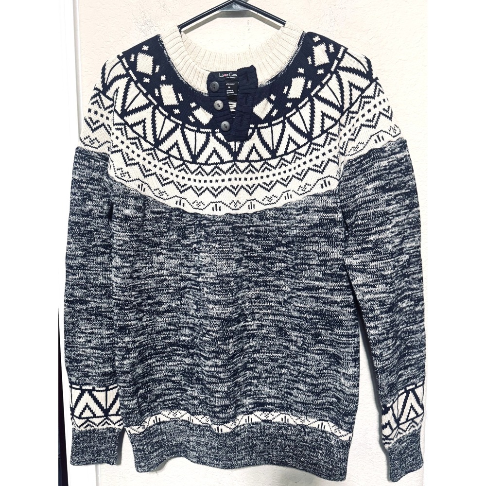Love Cameron Los Angeles Navy Fair Isle Cotton Henley Sweater Womens Medium